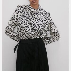 White and Black Boxy Blouse with Mock Neck and Long Sleeves
